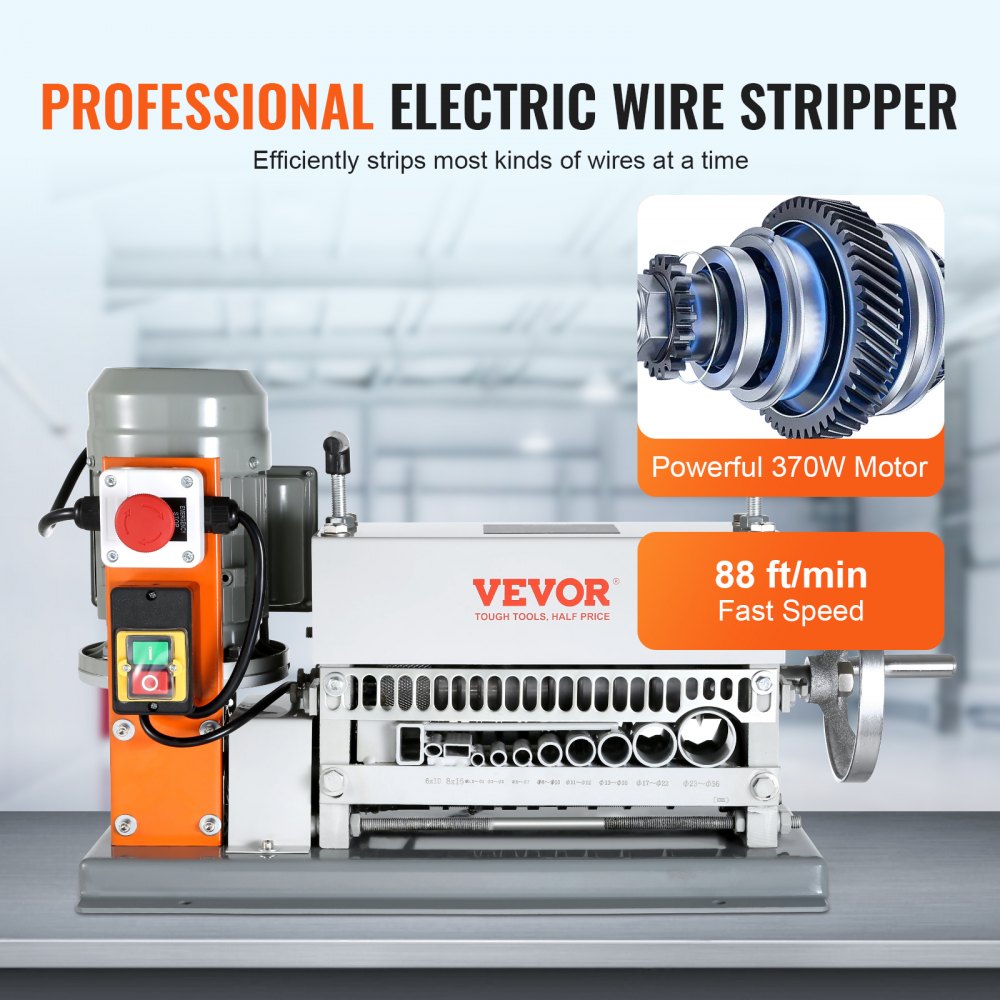 Automatic Wire Stripping Machine, 0.06``-1.42`` Electric Motorized Cable Stripper, 370 W, 88 ft/min Wire Peeler with An Extra Manual Crank, 11 Channels for Scrap Copper Recycling