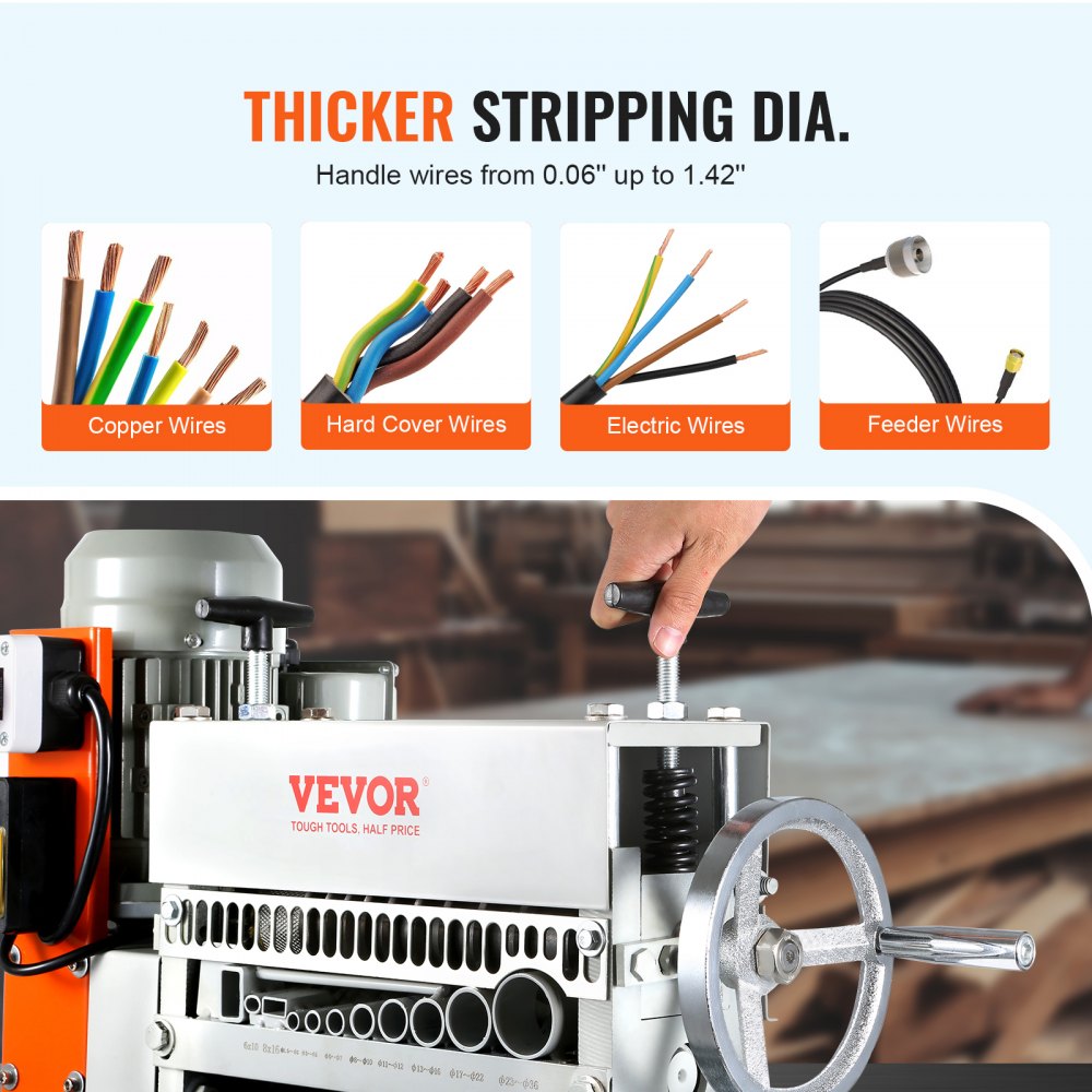 Automatic Wire Stripping Machine, 0.06``-1.42`` Electric Motorized Cable Stripper, 370 W, 88 ft/min Wire Peeler with An Extra Manual Crank, 11 Channels for Scrap Copper Recycling