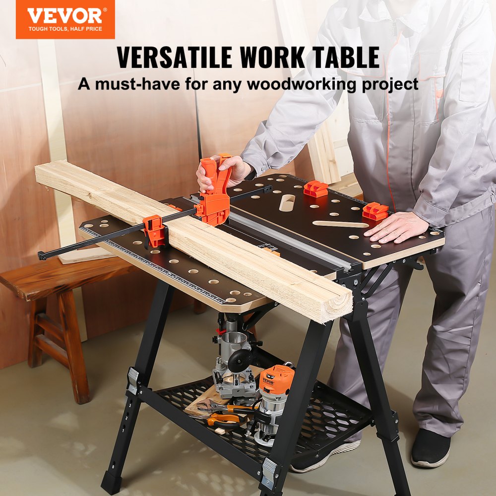 Folding Work Table, 2-in-1 as Sawhorse & Workbench, 1000 lbs Capacity, 7 Adjustable Heights, Steel Legs, Portable Foldable Tool Stand with Wood Clamp, 4 Bench Dogs, 2 Hooks, Easy Garage Storage