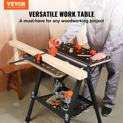 Folding Work Table, 2-in-1 as Sawhorse & Workbench, 1000 lbs Capacity, 7 Adjustable Heights, Steel Legs, Portable Foldable Tool Stand with Wood Clamp, 4 Bench Dogs, 2 Hooks, Easy Garage Storage