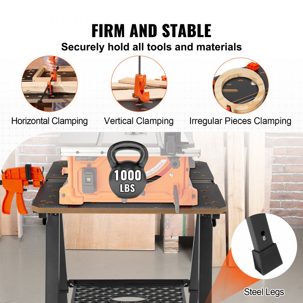Folding Work Table, 2-in-1 as Sawhorse & Workbench, 1000 lbs Capacity, 7 Adjustable Heights, Steel Legs, Portable Foldable Tool Stand with Wood Clamp, 4 Bench Dogs, 2 Hooks, Easy Garage Storage