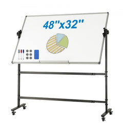Rolling Whiteboard, 48x32 inch Double-Sided Magnetic Mobile Whiteboard, 360° Reversible Adjustable Height Dry Erase Board with Wheels & Movable Tray for Office School