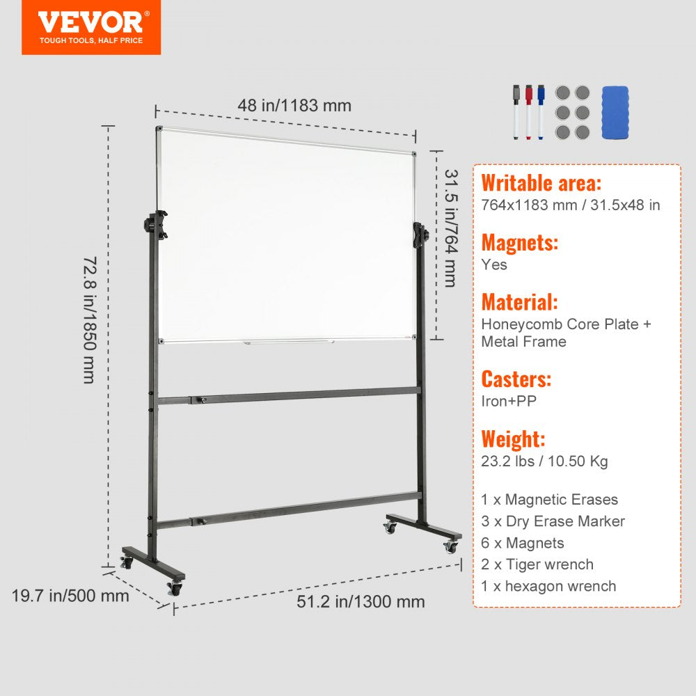 Rolling Whiteboard, 48x32 inch Double-Sided Magnetic Mobile Whiteboard, 360° Reversible Adjustable Height Dry Erase Board with Wheels & Movable Tray for Office School