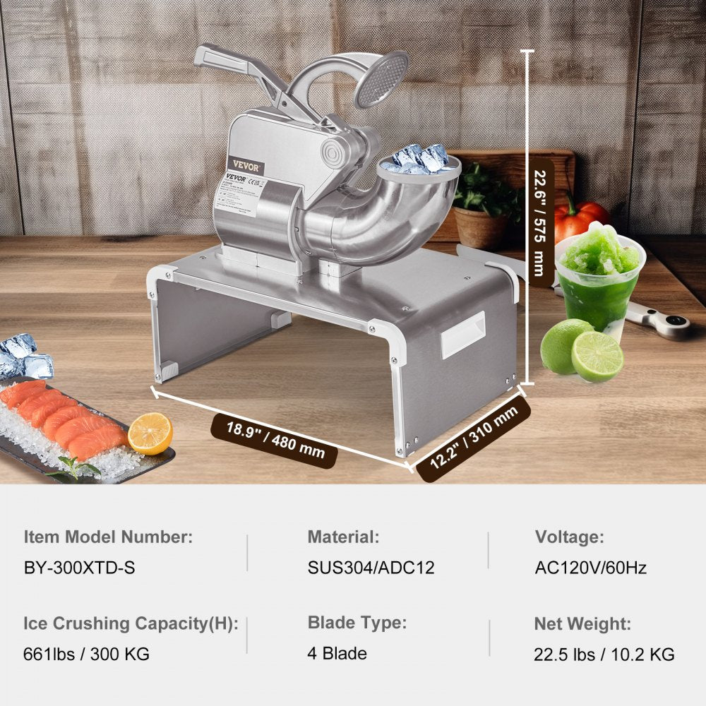 Ice Crushers Machine, 661lbs Per Hour Electric Snow Cone Maker with 4 Blades, Stainless Steel Shaved Ice Machine with Cover, 300W Ice Shaver Machine for Margaritas, Home and Commercial Use