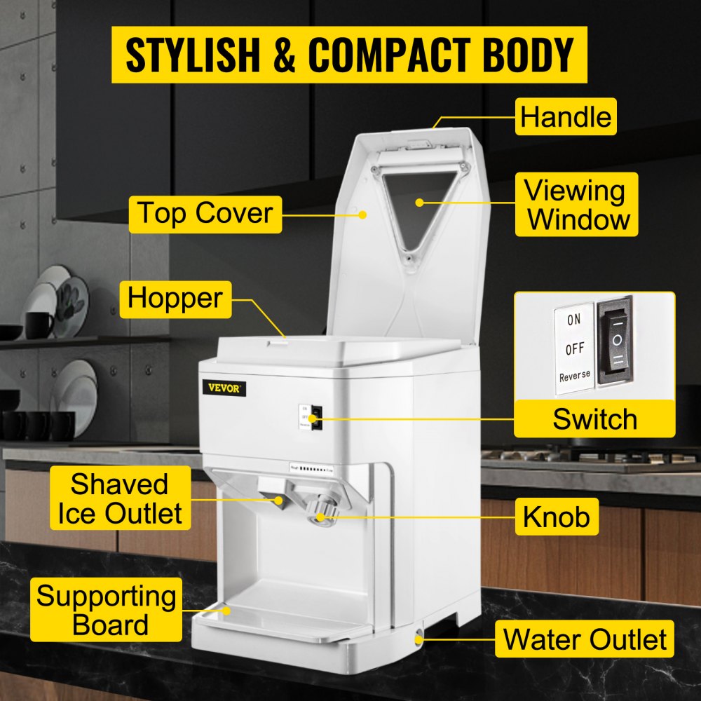 Ice Shaver Machine Electric, Snow Cone Machine Commercial 265 LBS/H, Shaved Ice Machine w/Ice Hopper & Lid, 250W Ice Crusher w/Drain Pipe Tabletop Shaved Ice Maker w/Adjustable Fineness White
