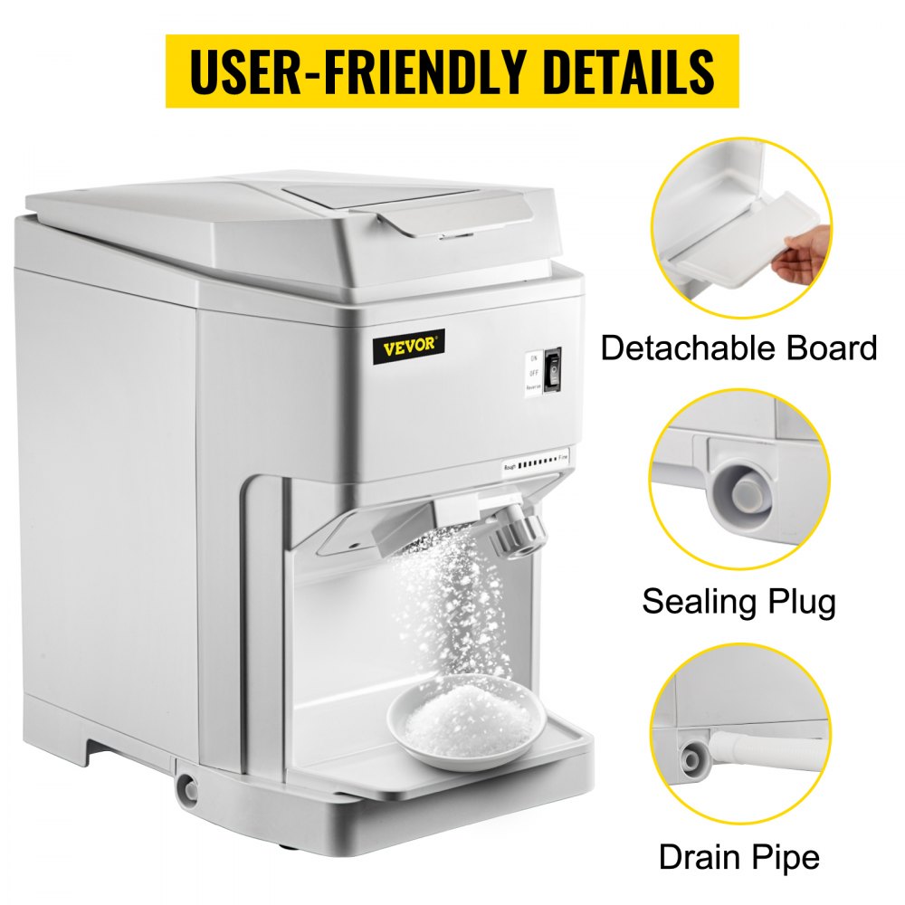 Ice Shaver Machine Electric, Snow Cone Machine Commercial 265 LBS/H, Shaved Ice Machine w/Ice Hopper & Lid, 250W Ice Crusher w/Drain Pipe Tabletop Shaved Ice Maker w/Adjustable Fineness White