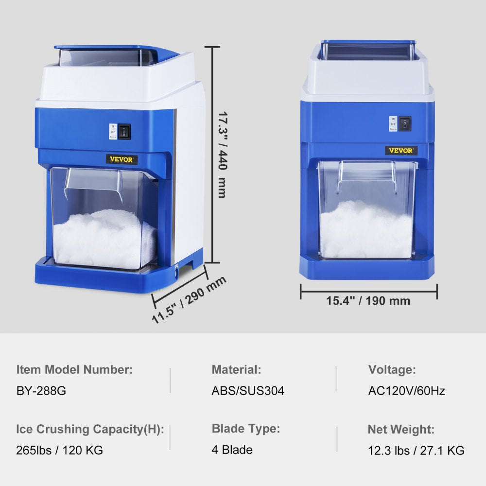 Commercial Ice Shaver Crusher, 265lbs Per Hour Electric Snow Cone Maker with 4.4lbs Ice Box, 300W Tabletop Shaved Ice Machine for Parties Events Snack Bar, Home and Commercial Use