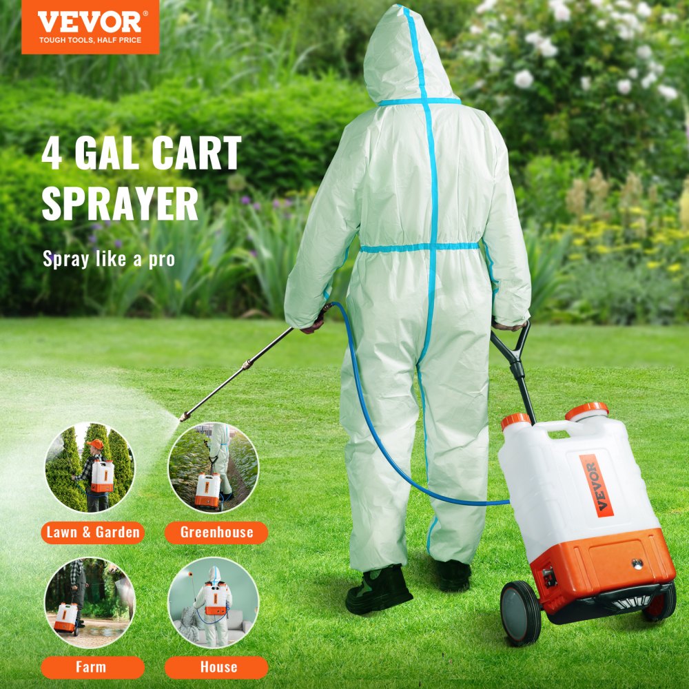 Battery Powered Backpack Sprayer with Cart, 0-94 PSI Adjustable Pressure, 4 Gallon Tank on Wheels, with 8 Nozzles and 2 Wands, 12V 7.2Ah Battery, Wide Mouth Lid for Weeding, Spraying, Cleaning