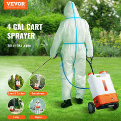 Battery Powered Backpack Sprayer with Cart, 0-94 PSI Adjustable Pressure, 4 Gallon Tank on Wheels, with 8 Nozzles and 2 Wands, 12V 7.2Ah Battery, Wide Mouth Lid for Weeding, Spraying, Cleaning