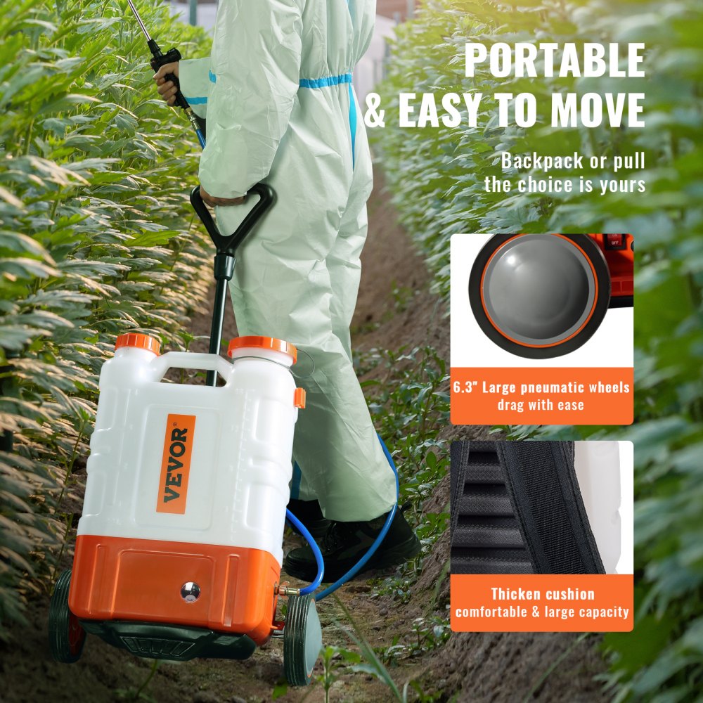 Battery Powered Backpack Sprayer with Cart, 0-94 PSI Adjustable Pressure, 4 Gallon Tank on Wheels, with 8 Nozzles and 2 Wands, 12V 7.2Ah Battery, Wide Mouth Lid for Weeding, Spraying, Cleaning