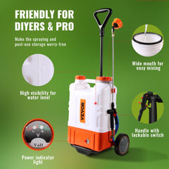 Battery Powered Backpack Sprayer with Cart, 0-94 PSI Adjustable Pressure, 4 Gallon Tank on Wheels, with 8 Nozzles and 2 Wands, 12V 7.2Ah Battery, Wide Mouth Lid for Weeding, Spraying, Cleaning