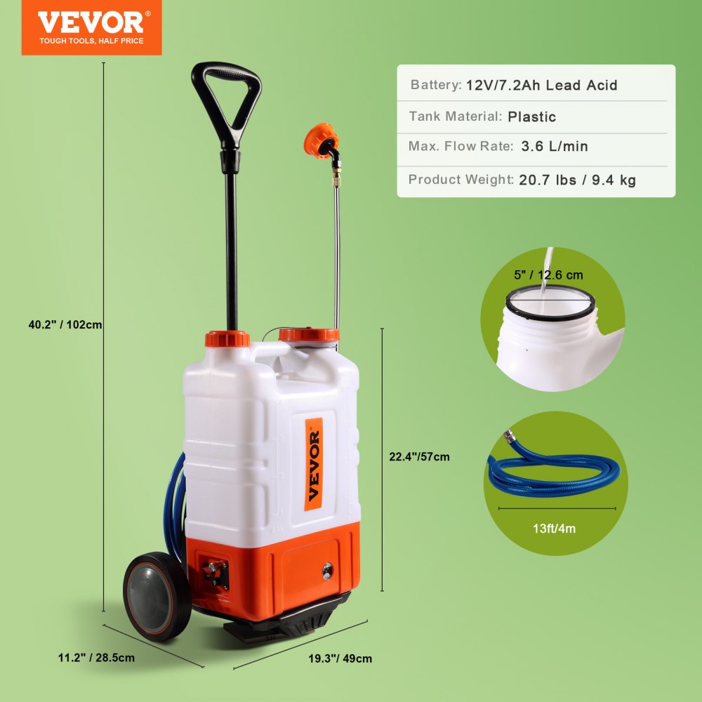 Battery Powered Backpack Sprayer with Cart, 0-94 PSI Adjustable Pressure, 4 Gallon Tank on Wheels, with 8 Nozzles and 2 Wands, 12V 7.2Ah Battery, Wide Mouth Lid for Weeding, Spraying, Cleaning