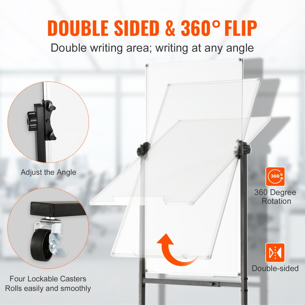 Rolling Magnetic Whiteboard, Double-sided Mobile Whiteboard 24x48 Inches, Adjustable Height Dry Erase Board with Wheels, 1 Magnetic Erase & 3 Dry Erase Markers & Movable Tray for Office School