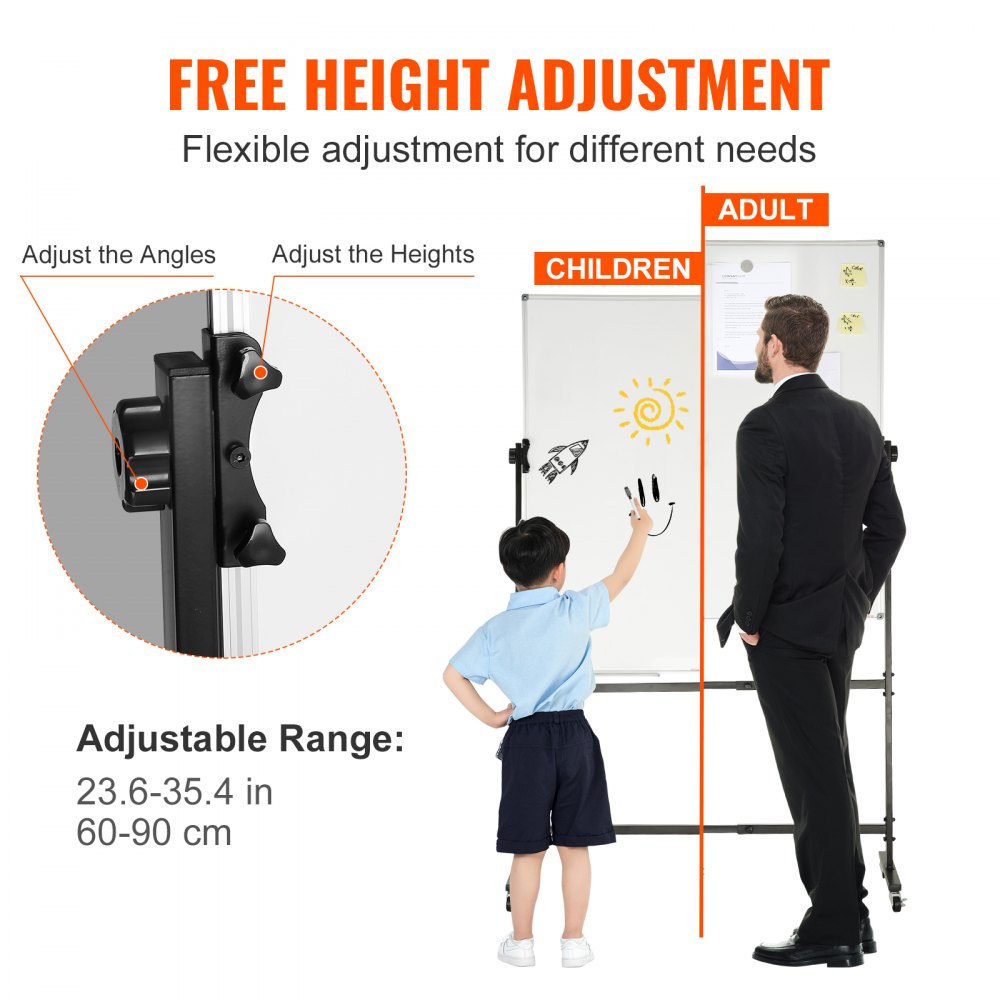 Rolling Magnetic Whiteboard, Double-sided Mobile Whiteboard 24x48 Inches, Adjustable Height Dry Erase Board with Wheels, 1 Magnetic Erase & 3 Dry Erase Markers & Movable Tray for Office School