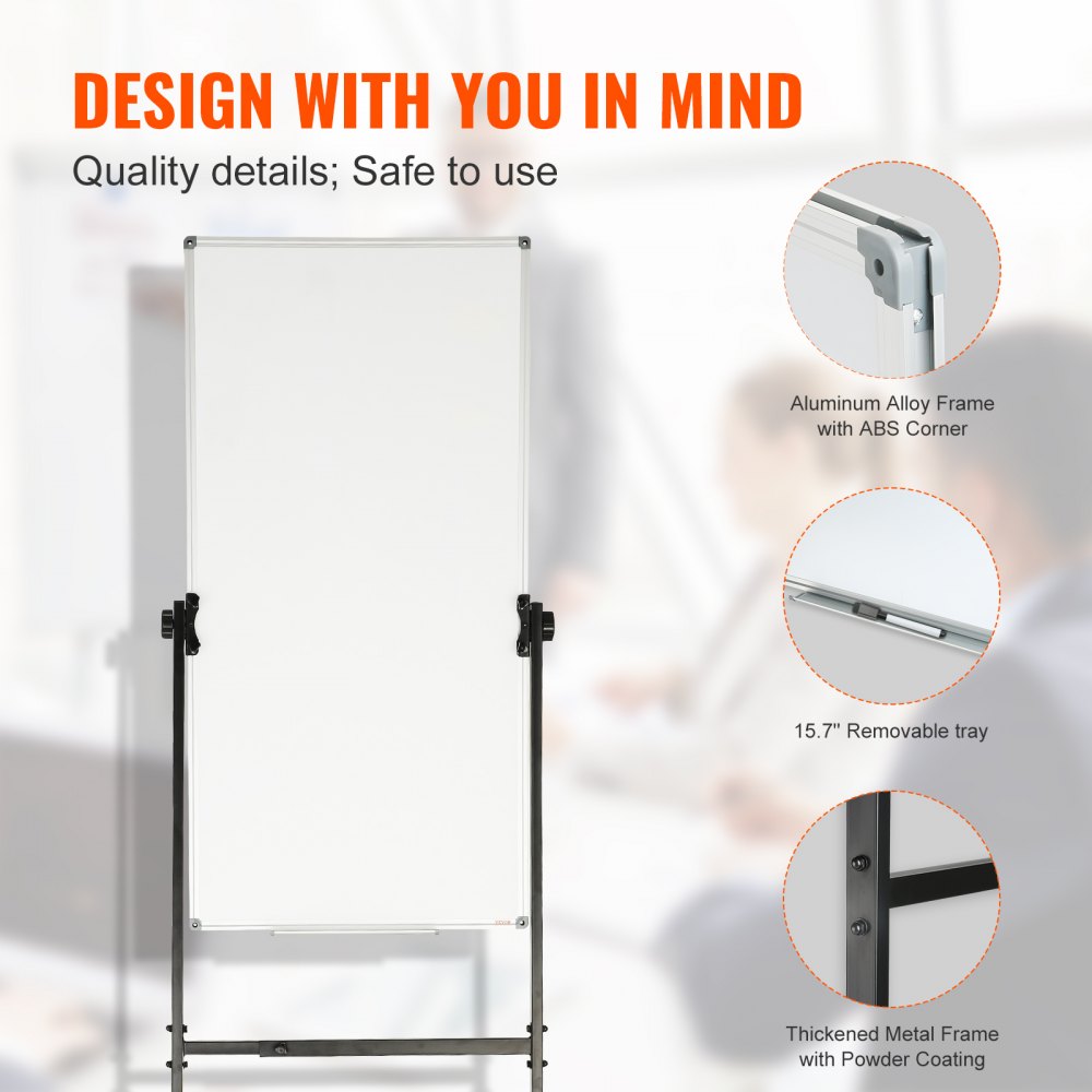 Rolling Magnetic Whiteboard, Double-sided Mobile Whiteboard 24x48 Inches, Adjustable Height Dry Erase Board with Wheels, 1 Magnetic Erase & 3 Dry Erase Markers & Movable Tray for Office School