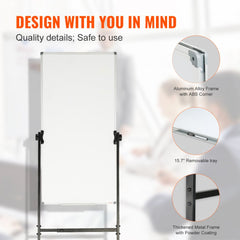 Rolling Magnetic Whiteboard, Double-sided Mobile Whiteboard 24x48 Inches, Adjustable Height Dry Erase Board with Wheels, 1 Magnetic Erase & 3 Dry Erase Markers & Movable Tray for Office School