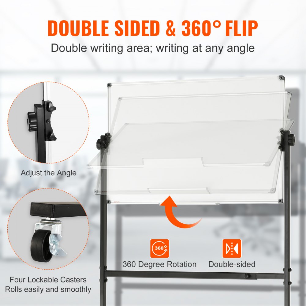 Rolling Magnetic Whiteboard, Double-sided Mobile Whiteboard 36x24 Inches, Adjustable Height Dry Erase Board with Wheels, 1 Magnetic Erase & 3 Dry Erase Markers & Movable Tray Office, School