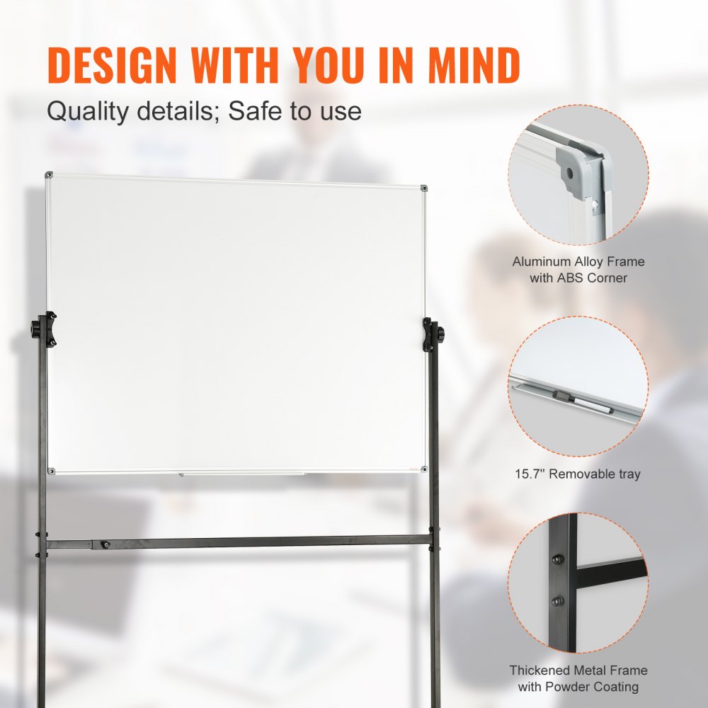 Rolling Magnetic Whiteboard, Double-sided Mobile Whiteboard 48x36 Inches, Adjustable Height Dry Erase Board with Wheels, 1 Magnetic Erase & 3 Dry Erase Markers & Movable Tray for Office School