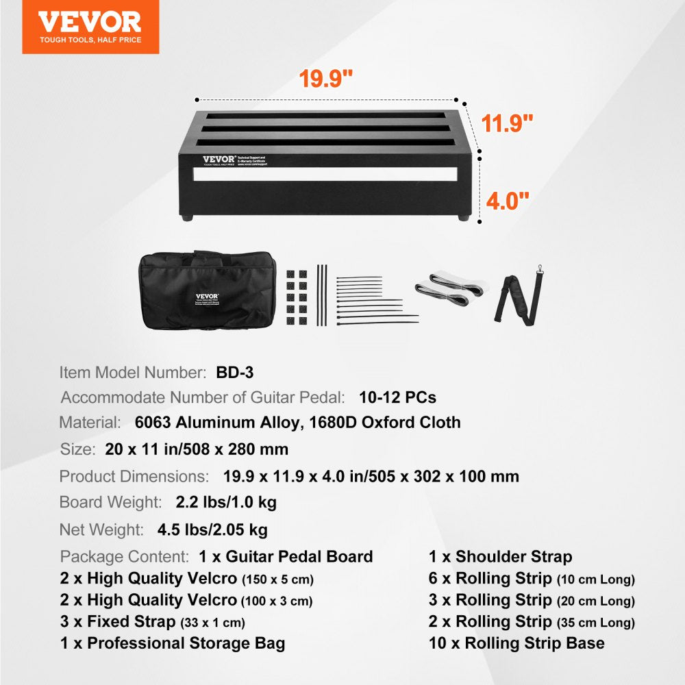 Guitar Pedal Board, 20`` x 11``, Aluminum Alloy 2.2 lbs Super Light Guitar Effects PedalBoard, with Carry Bag Velcro Fixed Strap Shoulder Strap Rolling Strips, Accommodate 10-12 Guitar Pedals