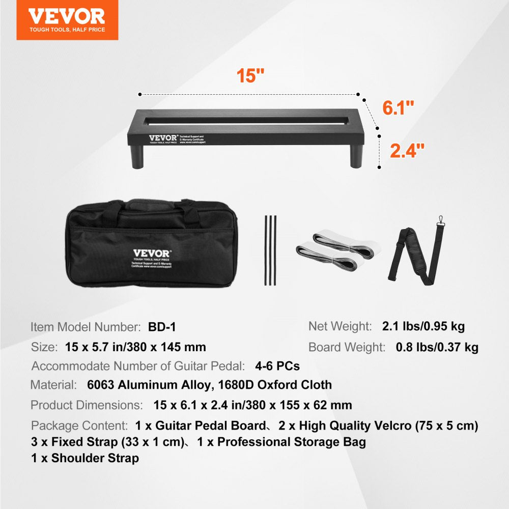 Guitar Pedal Board, 15`` x 5.7``, Aluminum Alloy 0.8 lbs Super Light Guitar Effects PedalBoard with Carry Bag High Quality Velcro Fixed Strap Shoulder Strap, Accommodate 4-6 Guitar Pedals, Small