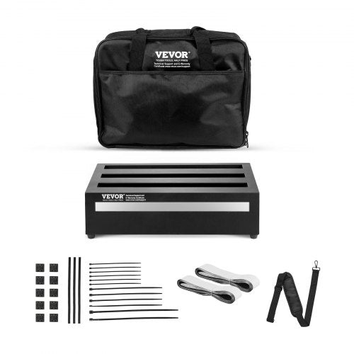 14x11 inch aluminum guitar pedalboard with 8 slots, Velcro, bag, and accessories.