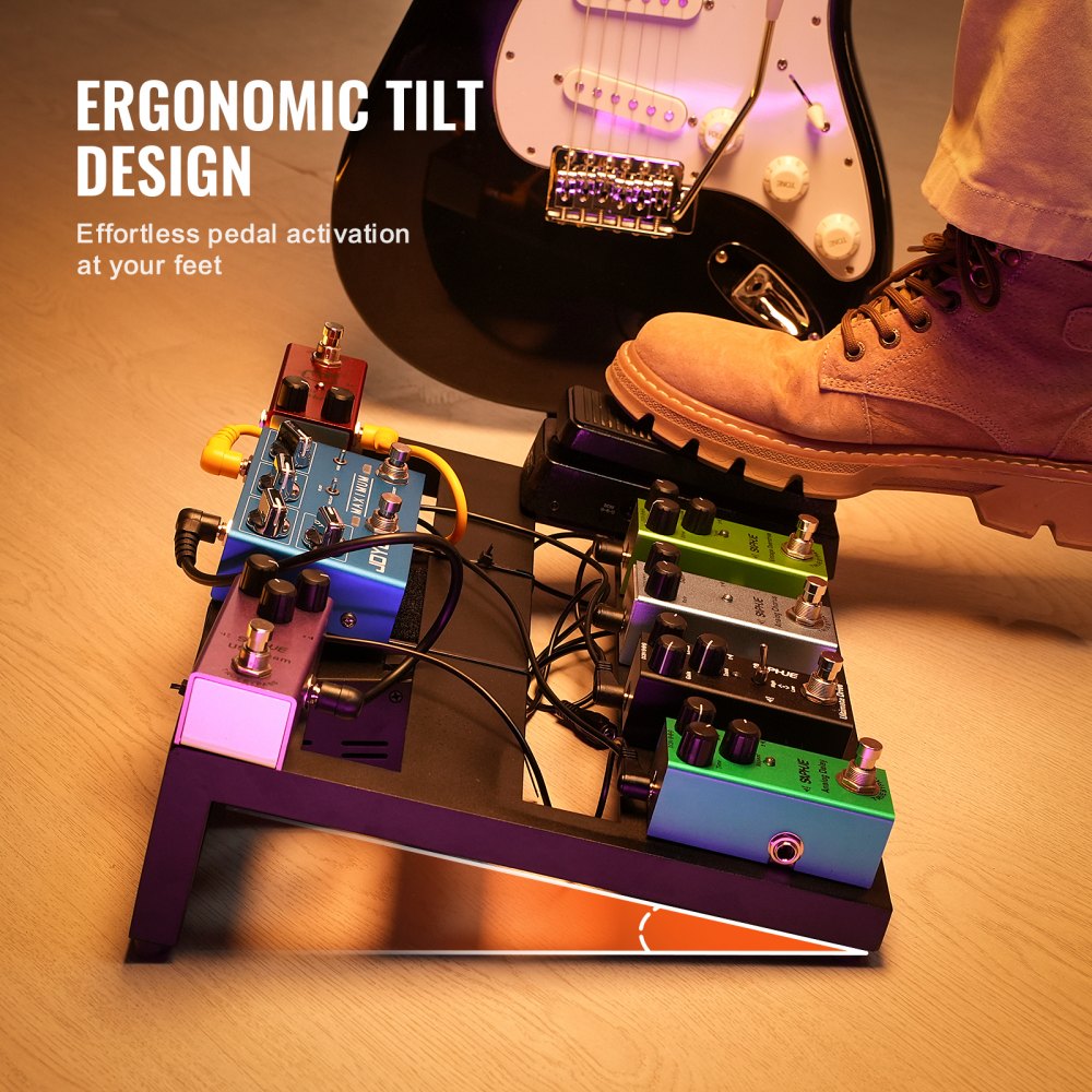 Aluminum guitar pedalboard angled for ergonomics, holding eight colorful pedals with foot activation.