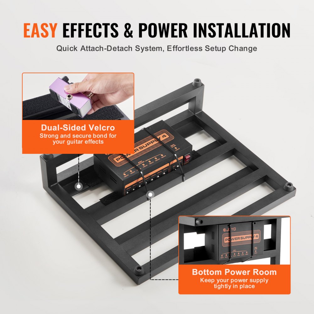 Aluminum guitar pedalboard with dual-sided Velcro, quick attach-detach system, and bottom power supply compartment.
