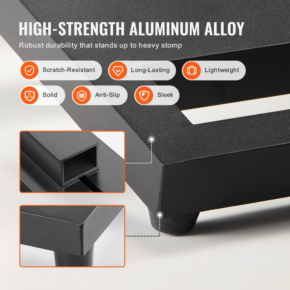 14x11 inch aluminum guitar pedalboard with high-strength frame, non-slip feet, and icons for scratch-resistant, long-lasting, and lightweight features.