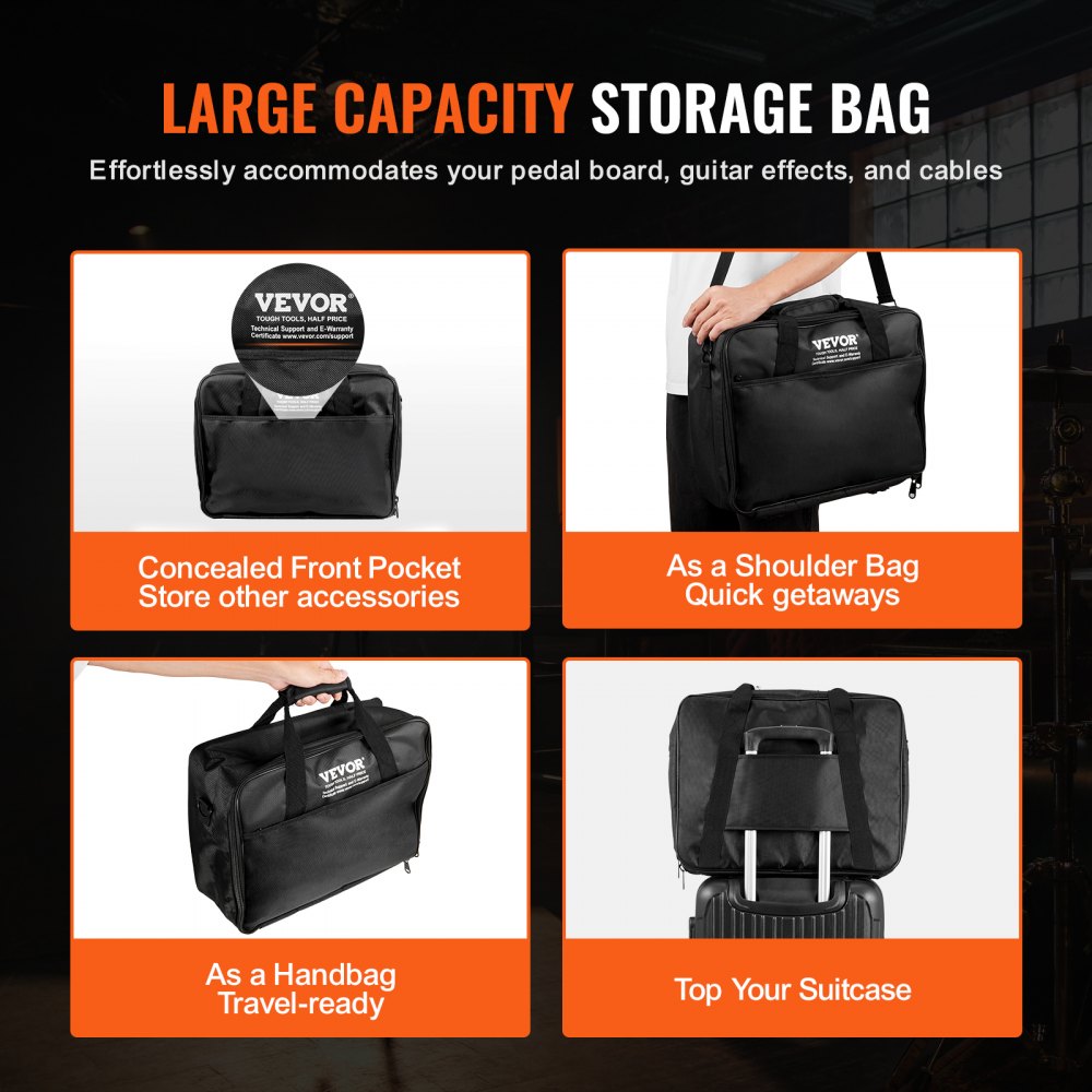 Black aluminum guitar pedal board, 14x11 inches, holds 8 pedals with Velcro and non-slip feet.