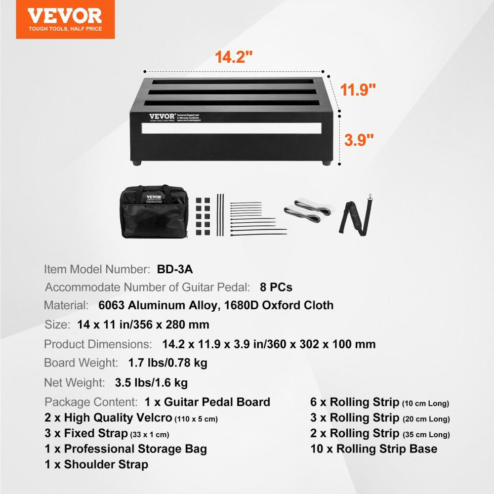 A black aluminum guitar pedal board with dimensions 14.2 x 11.9 x 3.9 inches.