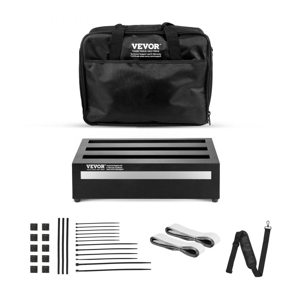 Aluminum guitar pedalboard with 8 slots, Velcro, cables, and carrying bag.