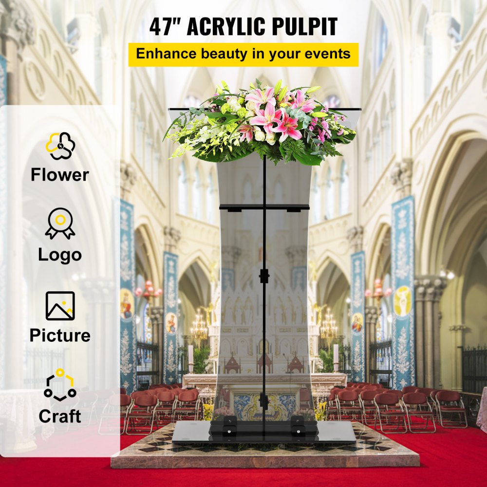 Acrylic Pulpit, 47" Tall, Clear Podium Stand w/Wide Reading Surface & Storage Shelf, Floor-Standing Plexiglass Lectern for Church Office School, Black