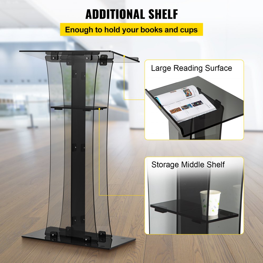 Acrylic Pulpit, 47" Tall, Clear Podium Stand w/Wide Reading Surface & Storage Shelf, Floor-Standing Plexiglass Lectern for Church Office School, Black