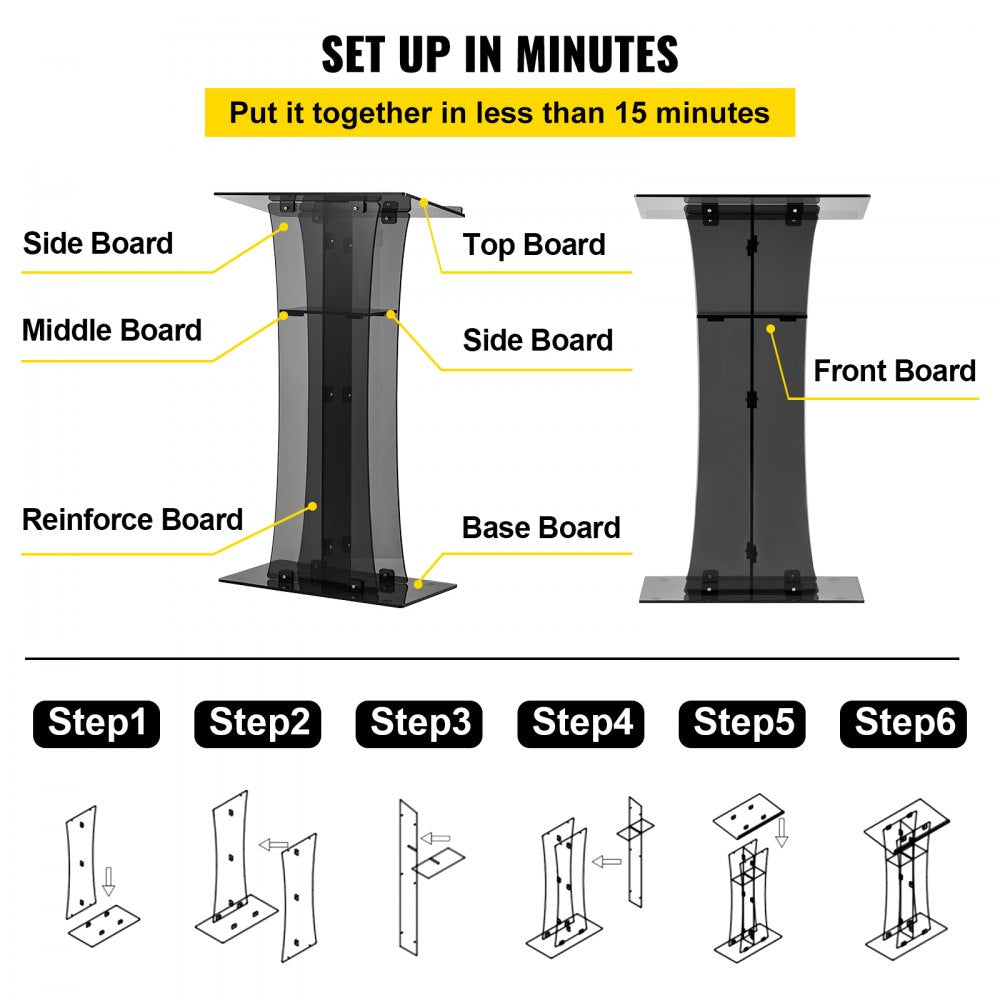 Acrylic Pulpit, 47" Tall, Clear Podium Stand w/Wide Reading Surface & Storage Shelf, Floor-Standing Plexiglass Lectern for Church Office School, Black