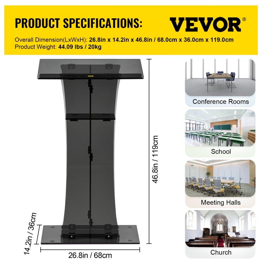 Acrylic Pulpit, 47" Tall, Clear Podium Stand w/Wide Reading Surface & Storage Shelf, Floor-Standing Plexiglass Lectern for Church Office School, Black
