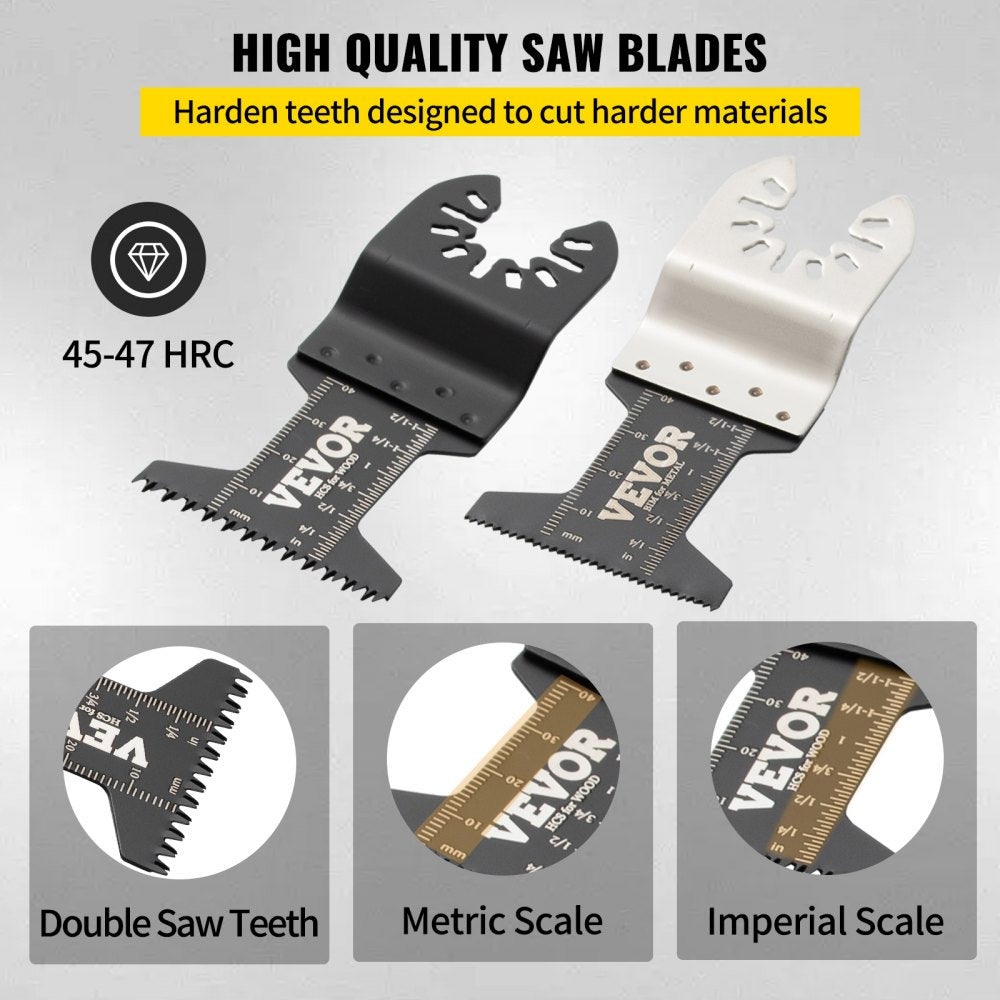 Bostome 50-piece oscillating saw blades kit with various blade types for wood, metal, and plastic.