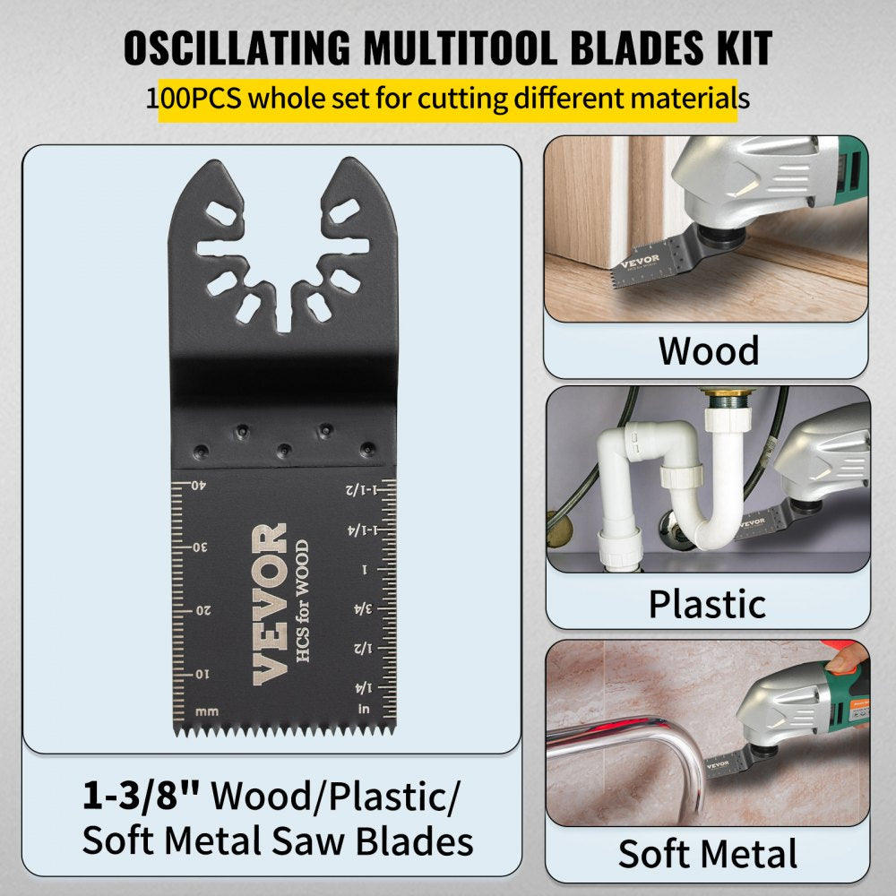 100PCS Oscillating Saw Blades, Quick Release Multitool Blades Kit, HCS Tool Blades for Wood Plastic Metal Nails Bolts, Compatible with Dewalt Dremel Fein Worx Bosch Makita Milwaukee