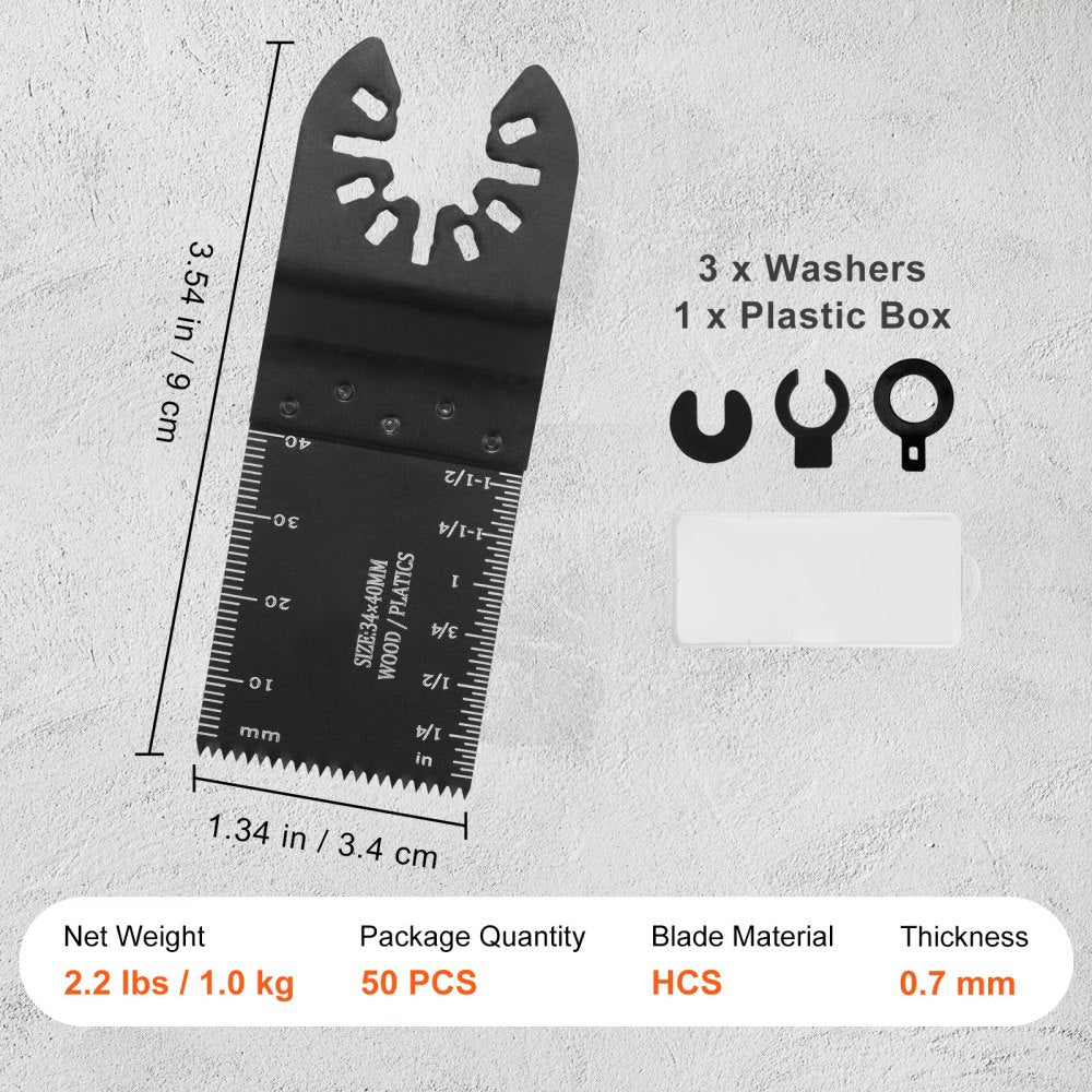 Bostome 50PC oscillating saw blades set with quick release for wood and metal cutting.