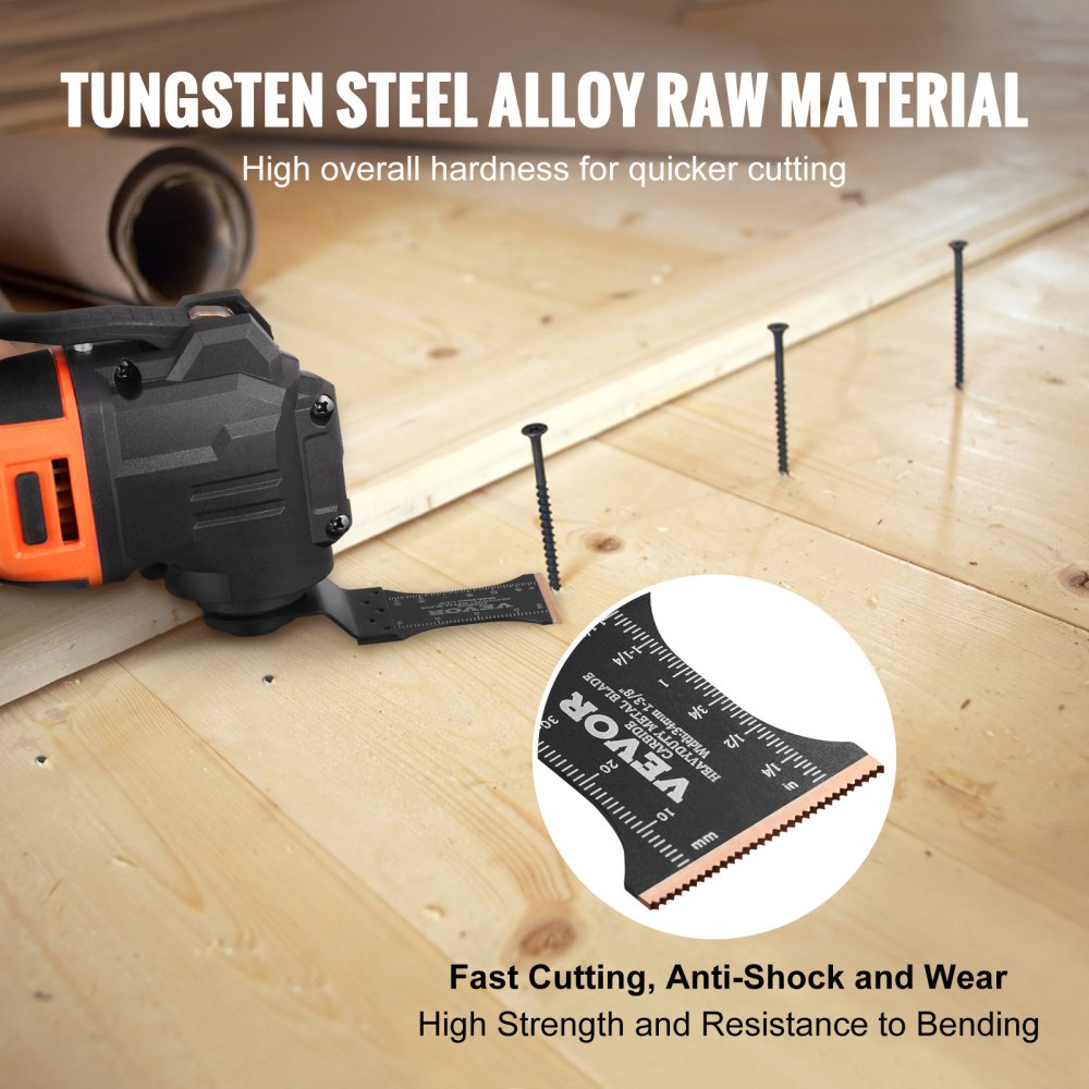 Three titanium carbide oscillating tool blades with universal fit, rulers, and wood-cutting view.