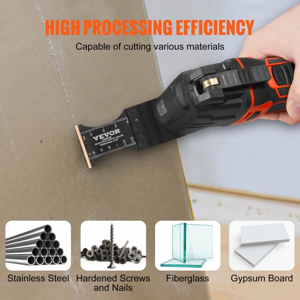 Three titanium carbide oscillating tool blades with universal fit for cutting tough materials.