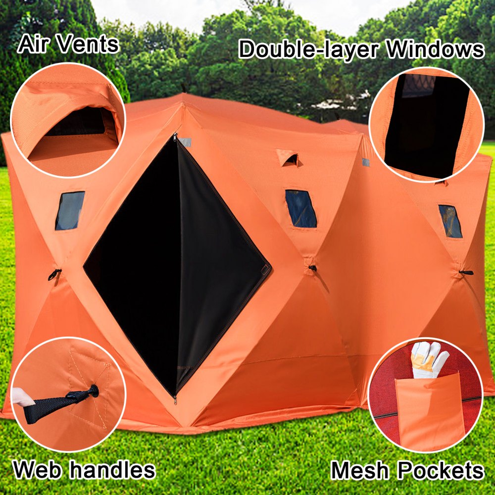 8 Person Ice Fishing Shelter, Pop-Up Portable Insulated Ice Fishing Tent, Waterproof Oxford Fabric Orange