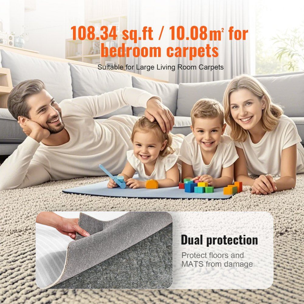 Gray 9x12 ft polyester rug pad gripper, 0.47 inches thick, shown under a rug with a family.