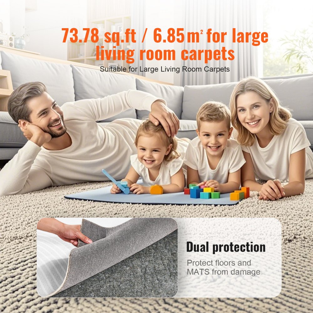 Family sitting on gray rug with colorful blocks on beige carpet in bright living room