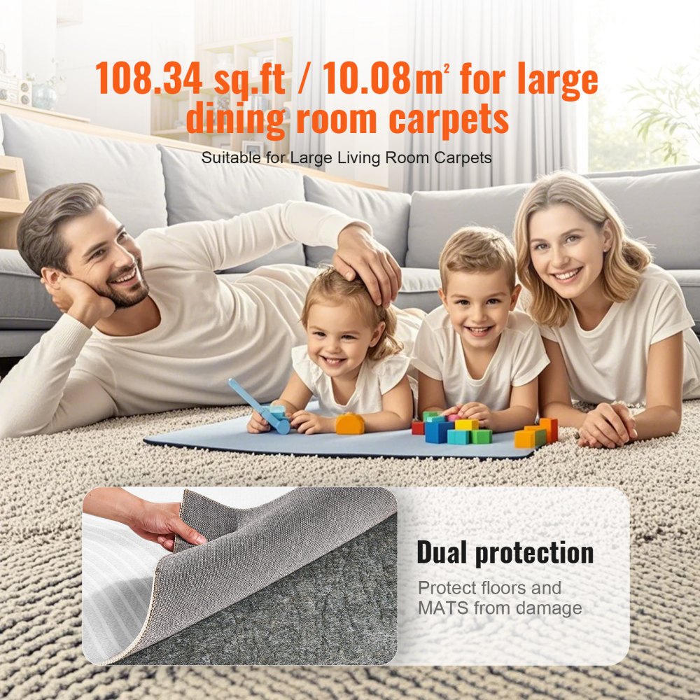 Gray 9x12 ft polyester rug pad gripper, 0.24 inch thick, shown under family rug and protecting floors.