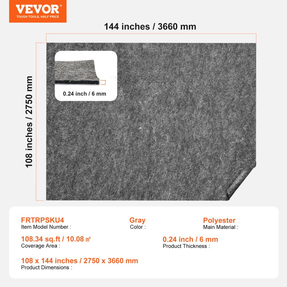 Gray polyester rug pad gripper, 9x12 ft, 0.24 inch thick.
