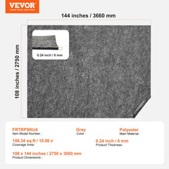 Gray polyester rug pad gripper, 9x12 ft, 0.24 inch thick.