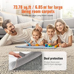 Gray 8x10 ft polyester rug pad gripper, 0.24 inches thick, shown under family rug and protecting floors.