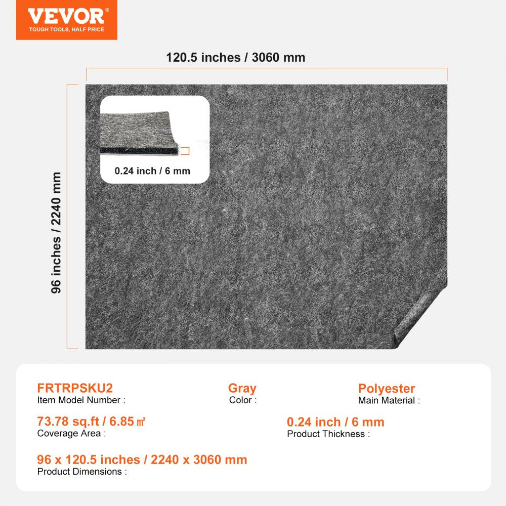 Gray polyester rug pad gripper, 8x10 ft, 0.24 inches thick.