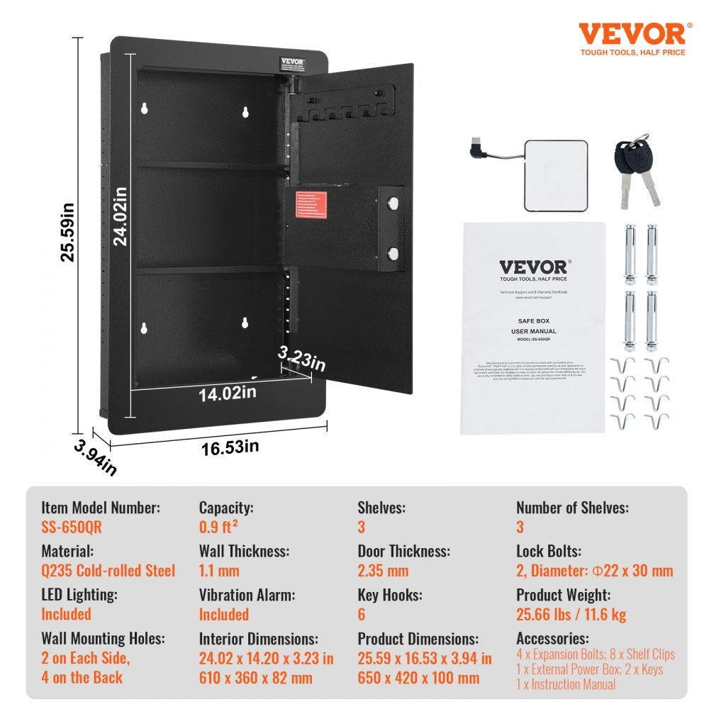 25.59" Tall Wall Safe 3-Tier Hidden Safe with Keypad Shelves & Key Holders