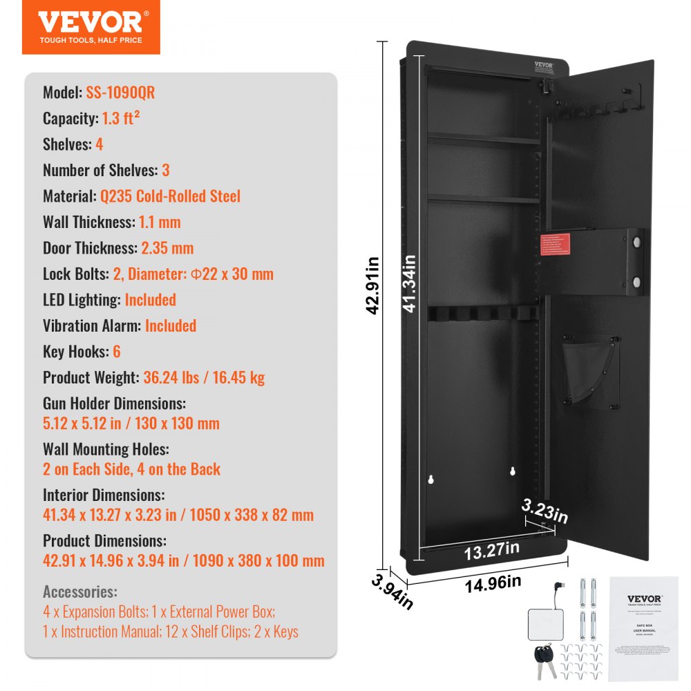 42.91" Tall Wall Gun Safe 4-Tier Hidden Gun Safe with Keypad & Fingerprint